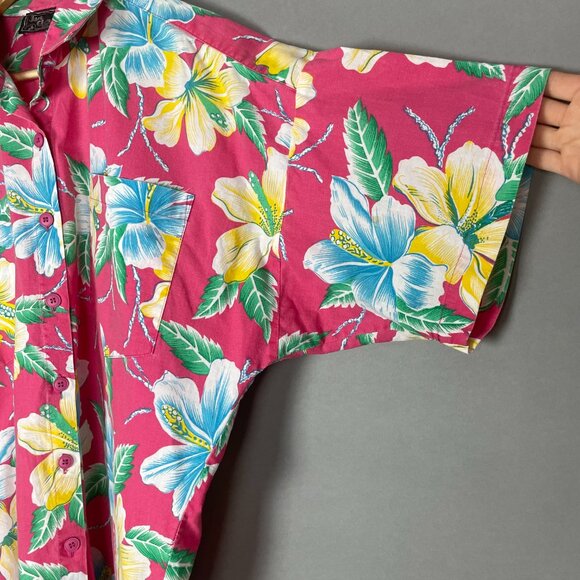 Vintage Hawaiian Shirt Bright Pink Tropical Floral Size Medium Vacation Funky - Picture 14 of 14